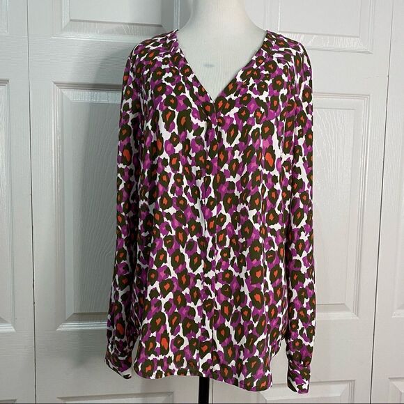 Worthington Leopard Print Colorful Long Sleeve Blouse V-neck Button Down - Picture 1 of 11